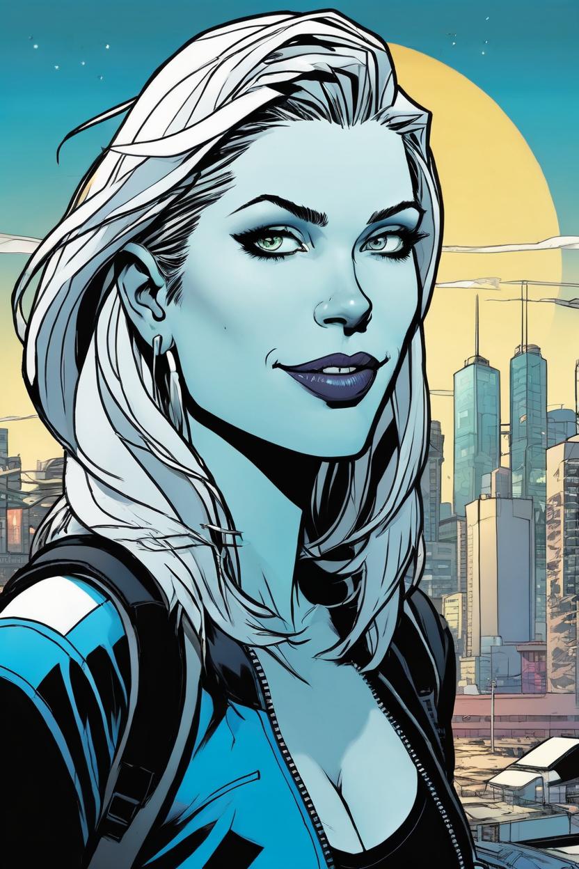 Artificial Intelligence (AI) generated image art, woman, beautiful female, (Jamie Hewlett comic book style), portrait, scifi city landscape, illustration, comics