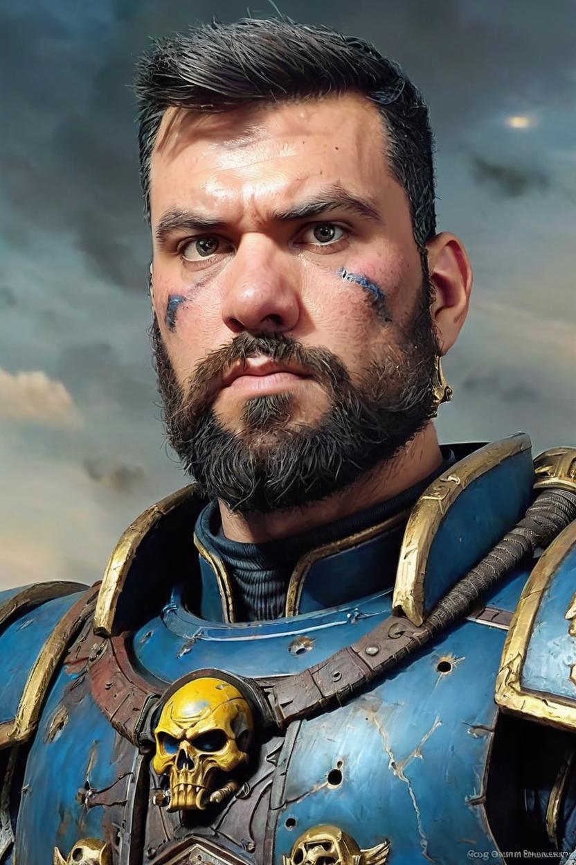 Artificial Intelligence (AI) generated image art, ((man, full body handsome portrait, scar over right eyebrow, warhammer 40k, space marine, gray knight, radiant light, caustics)), (war hero, psychedelic dmt, by gaston bussiere, bayard wu, greg rutkowski, giger, maxim verehin)