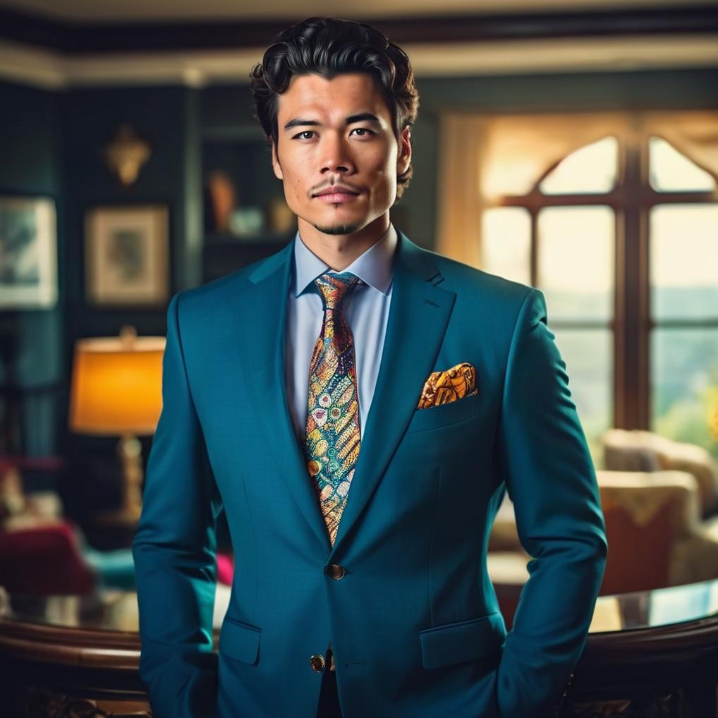 Artificial Intelligence (AI) generated image art, man,Ultra realistic portrait photography, wealthy, millionaire wearing an expensive suit, handsome man standing in his large home, captured in high resolution with vibrant colors and clean, sharp focus. Shot with a professional full-frame DSLR camera, utilizing soft natural lighting to accentuate the subject\'s features and convey a sense of luxury. The composition emphasizes the subject\'s confident demeanor, with a shallow depth of field to create a striking visual impact.