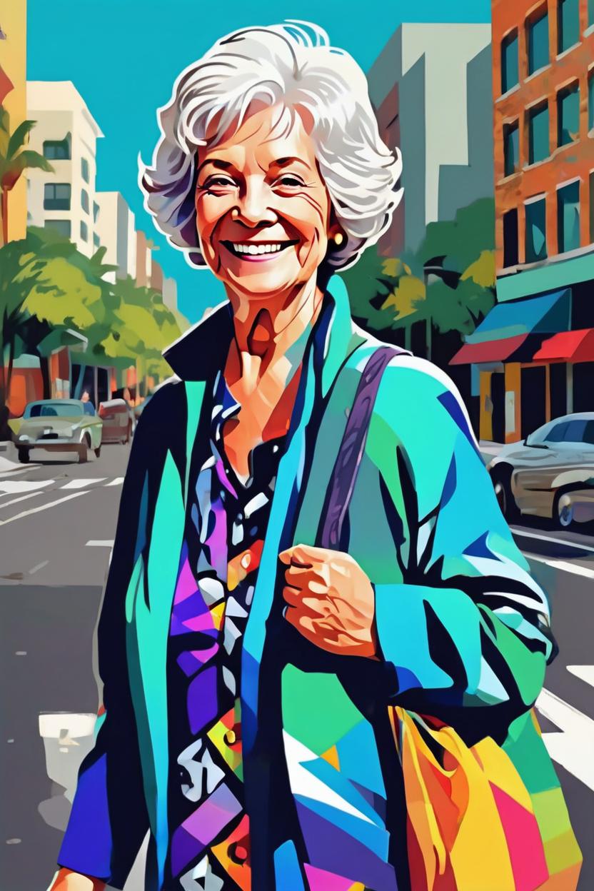 Artificial Intelligence (AI) generated image art, (woman) portrait, editorial illustration beautiful, she is 67 years old, healthy, youthful appearance, confident, happy, smiling, highly detailed, she is walking in the street, modern art deco, colorful, christopher balaskas, victor ngai, rich grainy texture, detailed, dynamic composition, wide angle, moebius, matte print