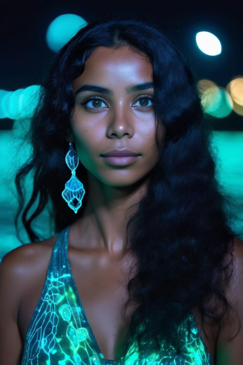 Artificial Intelligence (AI) generated image art, woman, ((Vaadhoo beach)), glowing Phytoplankton bioluminescence, at night, soft feminine face, 8k, ((photography by James Macari)) long black hair, brown eyes
