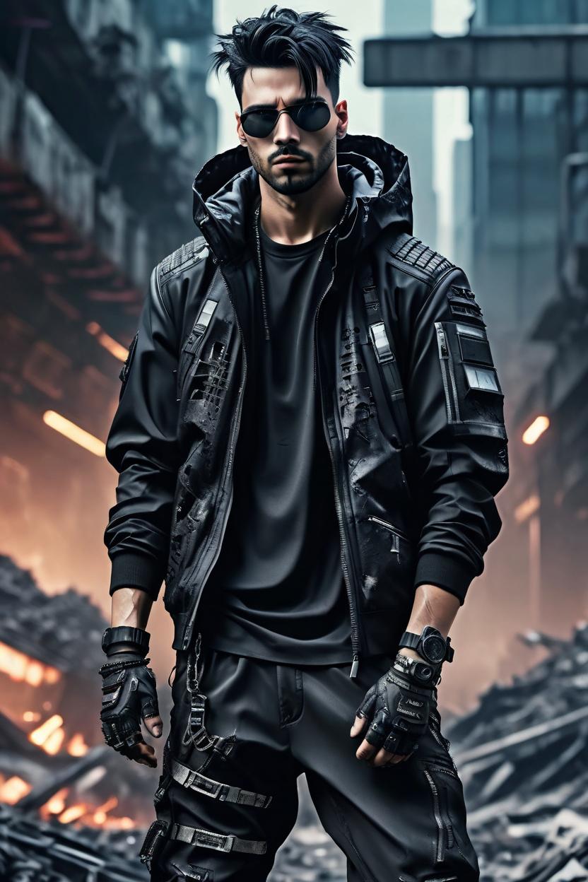 Artificial Intelligence (AI) generated image art, man, wearing black techwear, in a apocalyptic cyberpunk world, 8k, photorealistic, hyper detail, fashion photoshoot