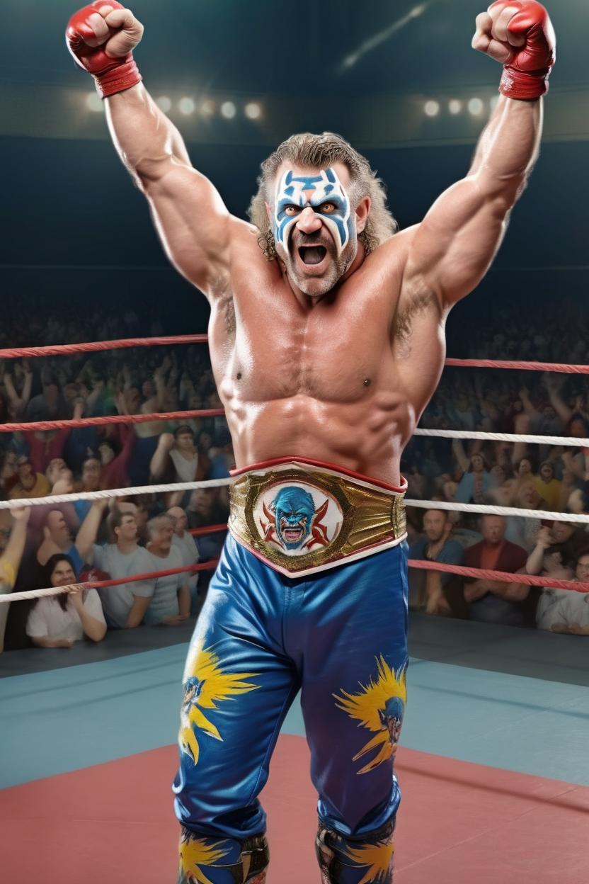 Artificial Intelligence (AI) generated image art, man as an ((80's professional wrestler)) that is dressed like ((the Ultimate Warrior)), mullet, in wrestling ring, raising arms in air in victory, (full length portrait), art by greg rutkowski, (photorealistic), (hyper realistic), 8k