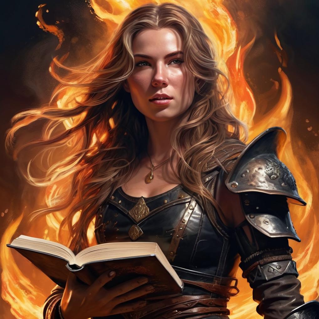 Artificial Intelligence (AI) generated image art, woman, ((portrait)) full body, torso, honey drizzles in the air, swirling around body, holding book with one hand. Hellscape background, waves of honey and flames, face is softly illuminated, looking up with a focused, seductive expression. Stunningly beautiful, hyper realistic, 4k, highly detailed, long hair, dark leather armour with weapons. The honey's reflection adds a warm glow to her features, creating a cinematic and captivating dark visual