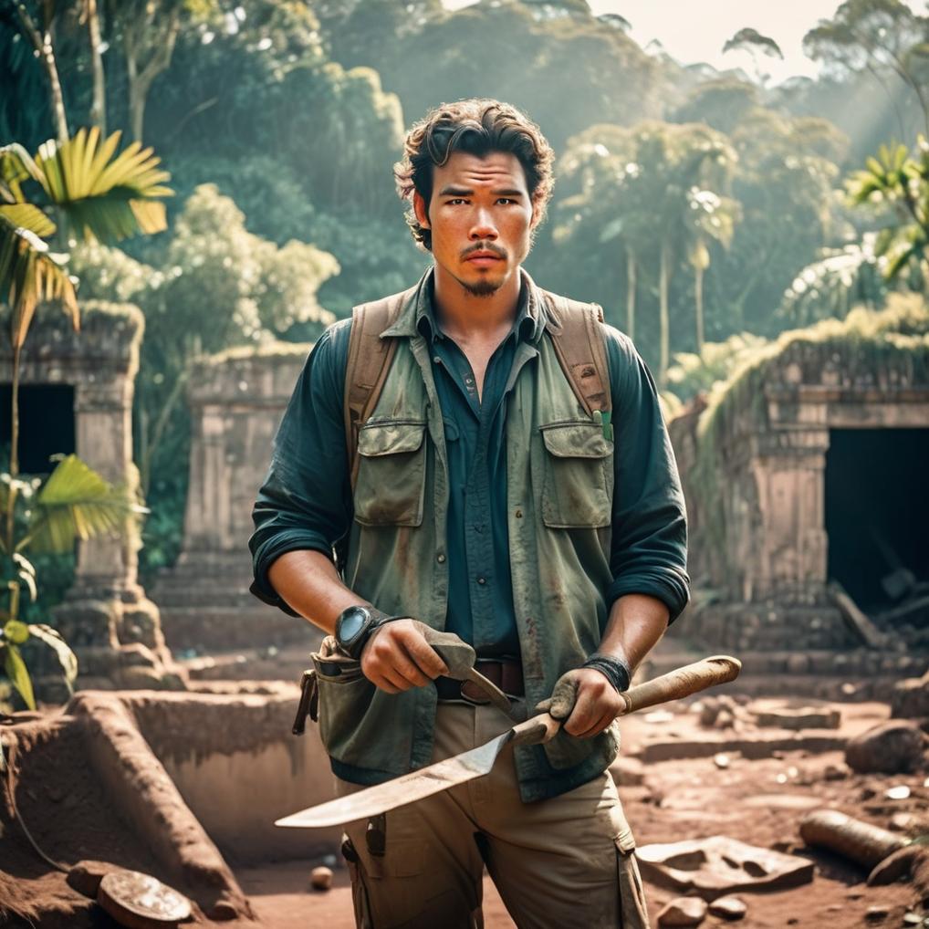 Artificial Intelligence (AI) generated image art, Photorealistic detail, handsome, and beautiful, picture of man at an archaeological dig, holding a trowel. Candid shot in the Peruvian jungle morning, sunlight rays piercing the canopy. man is next to a square hole in the ground where the archaeologists have been digging. Ancient ruins are scattered in the jungle background, crumbling and covered in overgrowth. Wearing fashionable archaeology work clothes, man looks rugged and handsome, and as natural and real as possible. Handsome, thick eyebrows. Picture is a side shot. Kodak Portra 800 film SMC Takumar 35mm f/ 2. 8 c 50, detailed and well lit. sharp focus, 4k. There are some tools lying around, perhaps a machete and or a shovel.