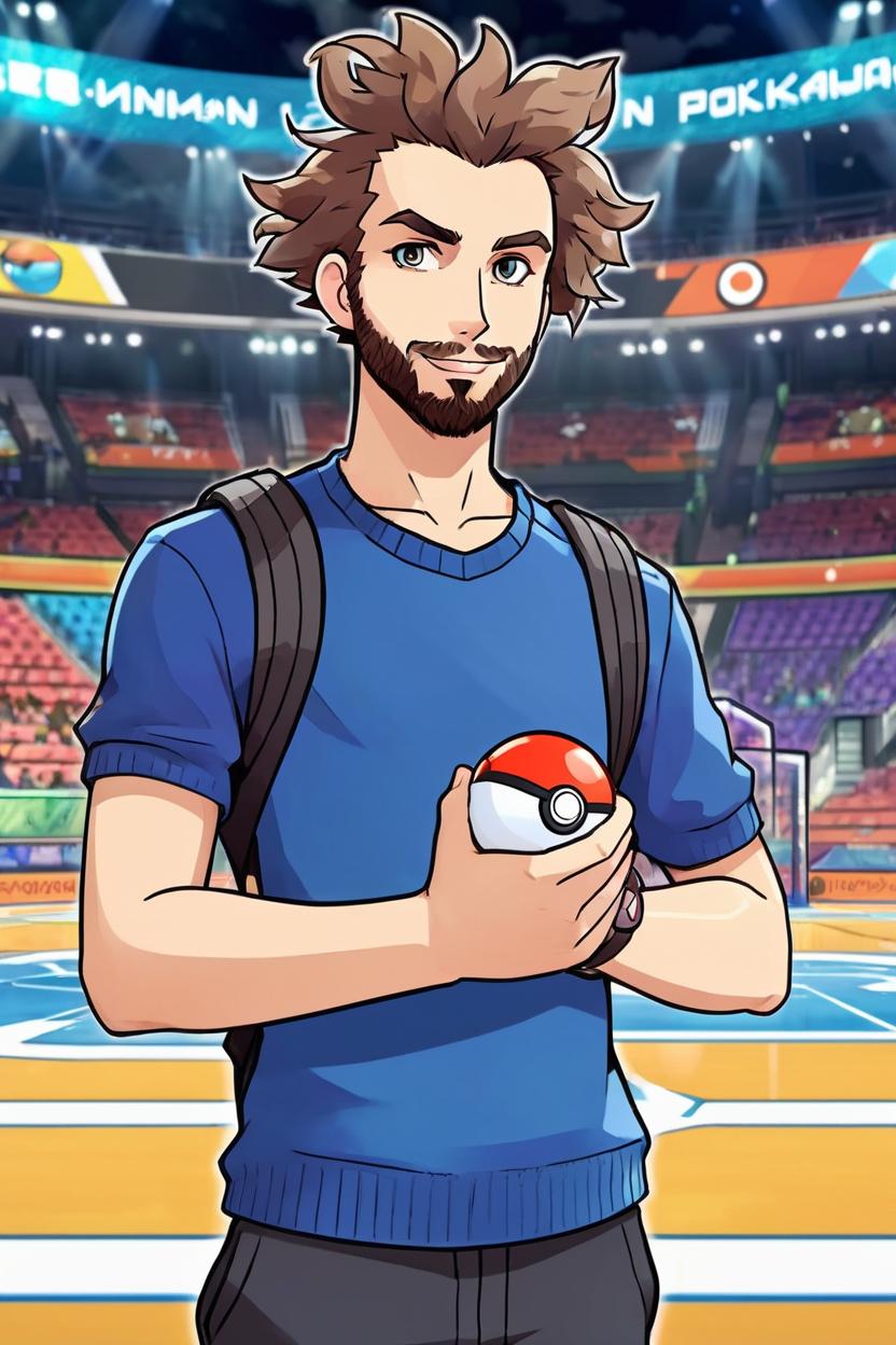 Artificial Intelligence (AI) generated image art, man, as a handsome Pokemon trainer, in the anime Pokemon, ((anime art)), ((in style of Pokemon anime)), ((2D art)), looking confident, holding a pokeball his hand, standing in the middle of Pokemon battle arena