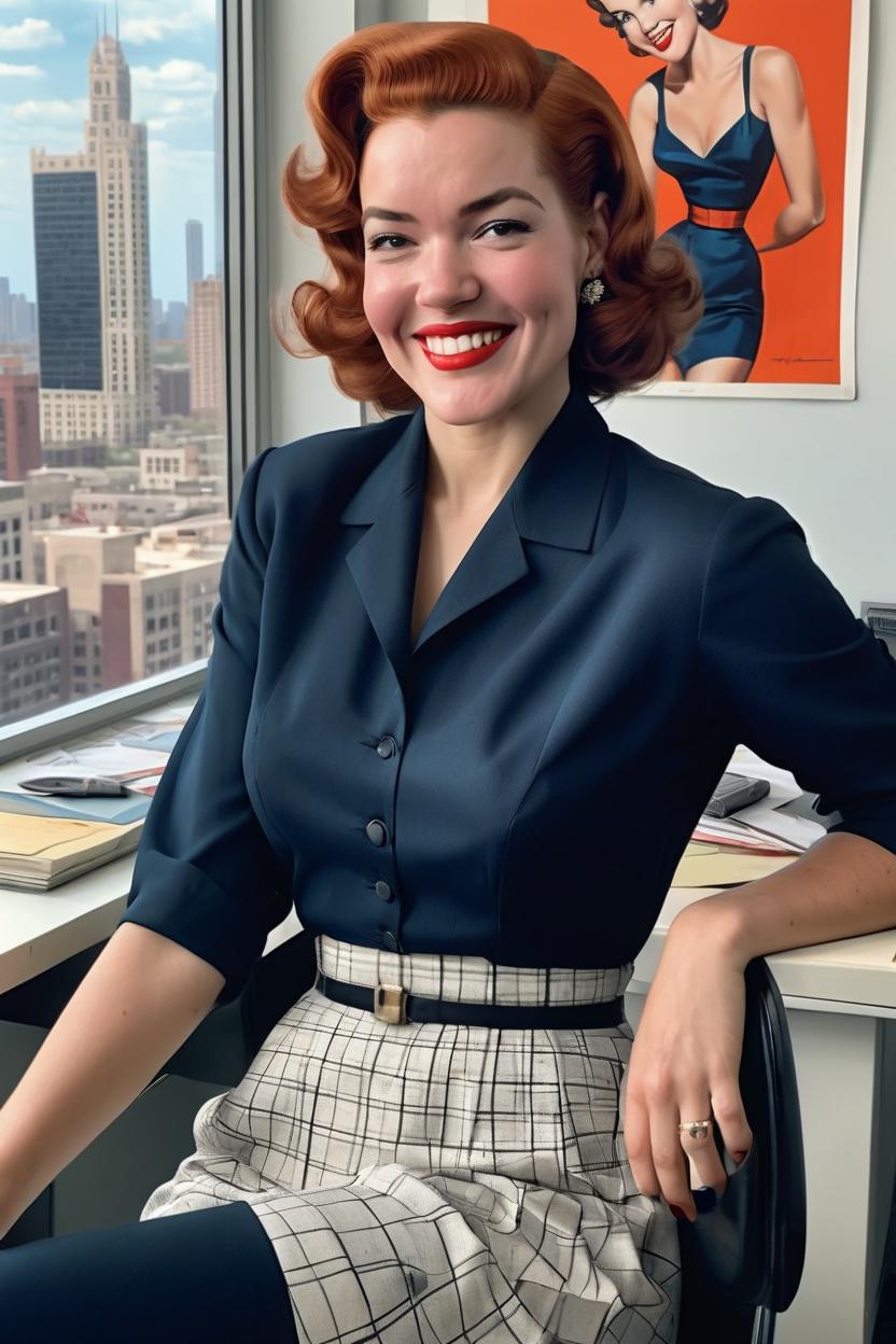 Artificial Intelligence (AI) generated image art, woman, 1950 photograph, vintage, photorealistic, sitting in an office in a high-rise building in Chicago with big windows and tall buildings in the background, art by artgerm, contra, smile, 1950s clothing, in the style of the Mad Men TV show
