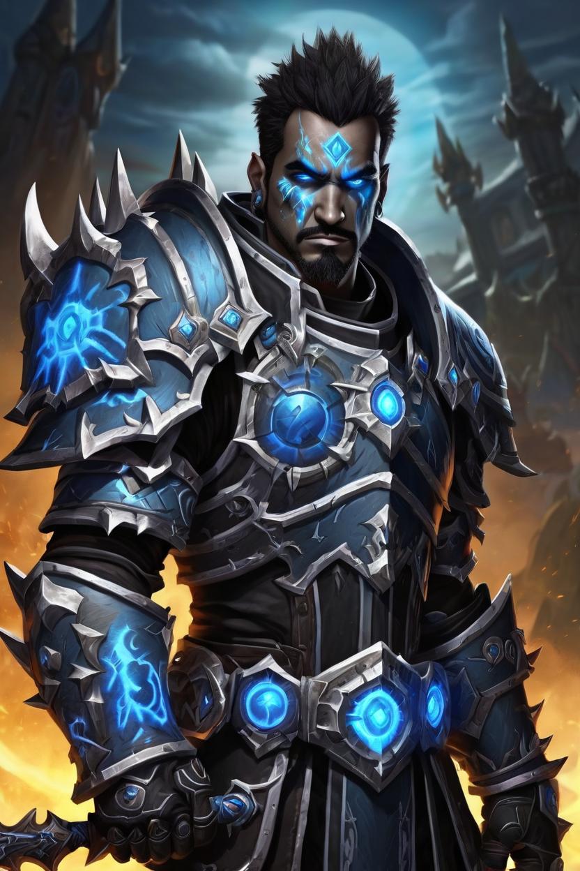 Artificial Intelligence (AI) generated image art, man, world of warcraft death knight, shining blue eyes, wielding dual runeblades, black death knight armor, olive skin tone, world of warcraft style art