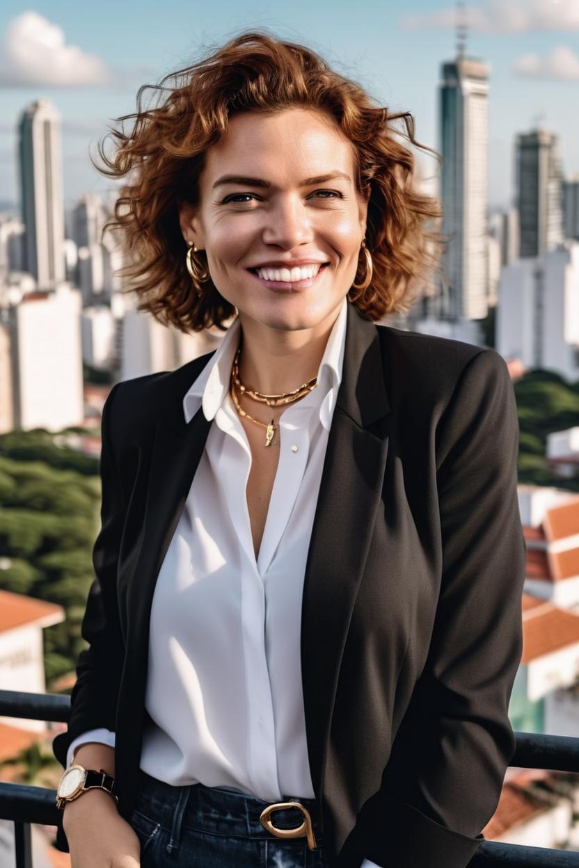 Artificial Intelligence (AI) generated image art, woman, a successful businesswoman, wearing a black blazer and white shirt, captured in a close-up portrait. She has a confident expression, with a subtle smile (not showing teeth), as if being photographed for a magazine cover story. The background features the Sao Paulo skyline, blurred to emphasize woman as the main subject, as if the photo was taken from her office balcony. She wears a luxury watch and subtle gold jewelry, adding to her aura of success. The image is shot on a Sony a7R IV camera with a 85mm lens, capturing the scene in high resolution with realistic detail and depth of field.