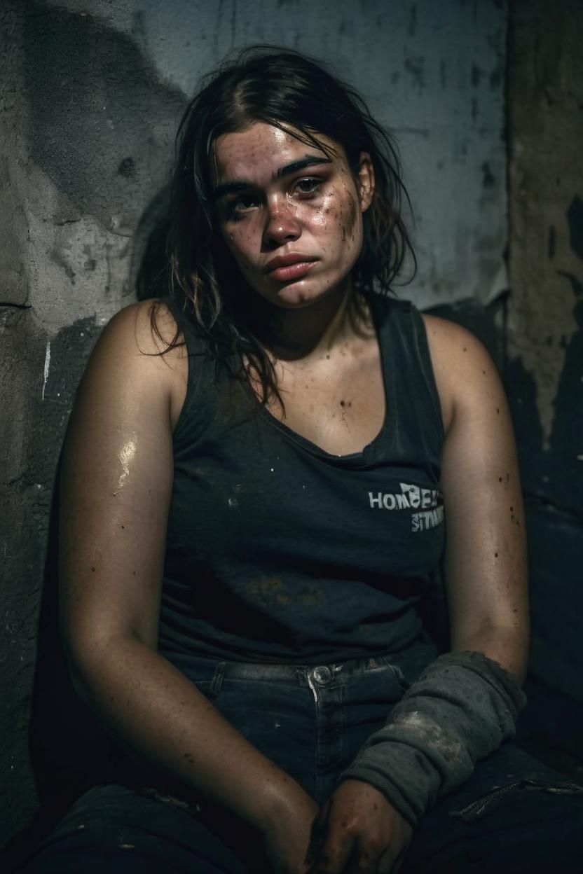 Artificial Intelligence (AI) generated image art, woman, sitting in a corner on a dark night, homeless style, harsh lighting, pores and dirt on her face, portrait,