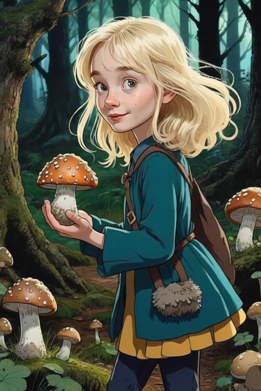 Artificial Intelligence (AI) generated image art, woman, As a young hobbit picking mushrooms, blond hair, in the forest, evening, by Tim Burton, detailed, animated, cartoon
