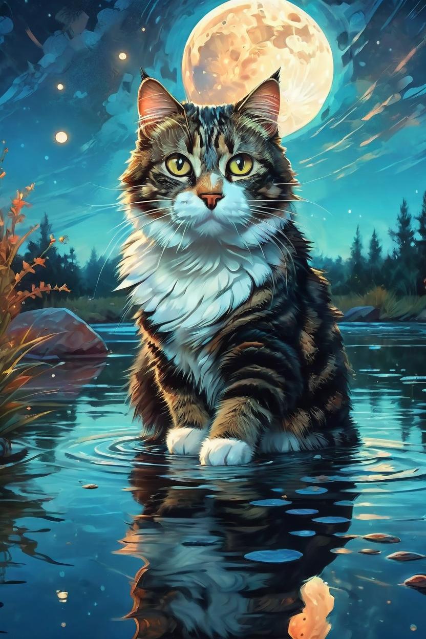 Artificial Intelligence (AI) generated image art, cat as a beautiful cat, fantasy art, medium shot, asymmetrical, intricate, elegant, illustration, by rhads, by greg rutkowski, by greg tocchini, by james gilleard, by joe fenton accurate, realistic, cute, funny, magical,very starry sky, full moon reflecting on a lake.