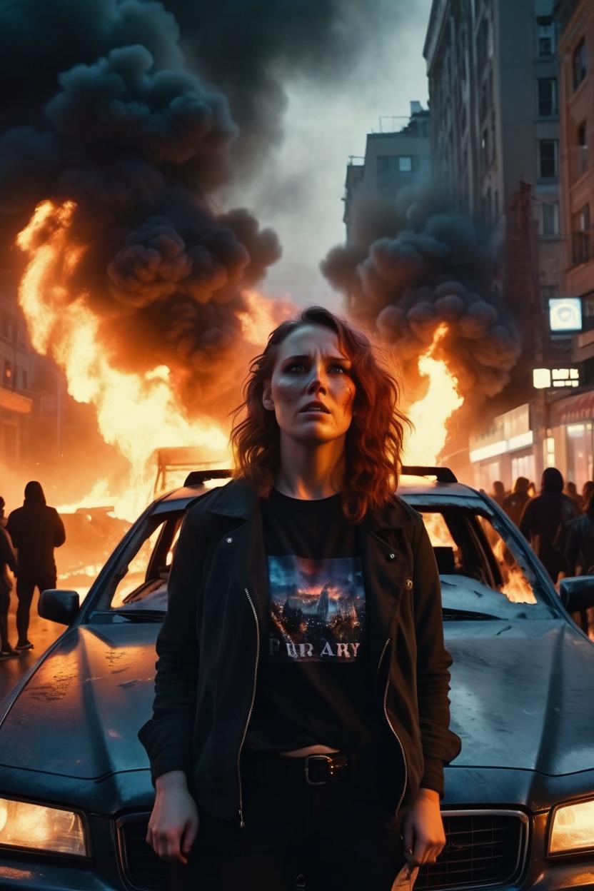 Artificial Intelligence (AI) generated image art, woman, in a dark aesthetic photo, amidst a chaotic street protest in a city center, The scene is filled with tension and unrest, as flames from fire flares illuminate the night sky in the background. Standing boldly on the roof of a car. 8k stunning photograph