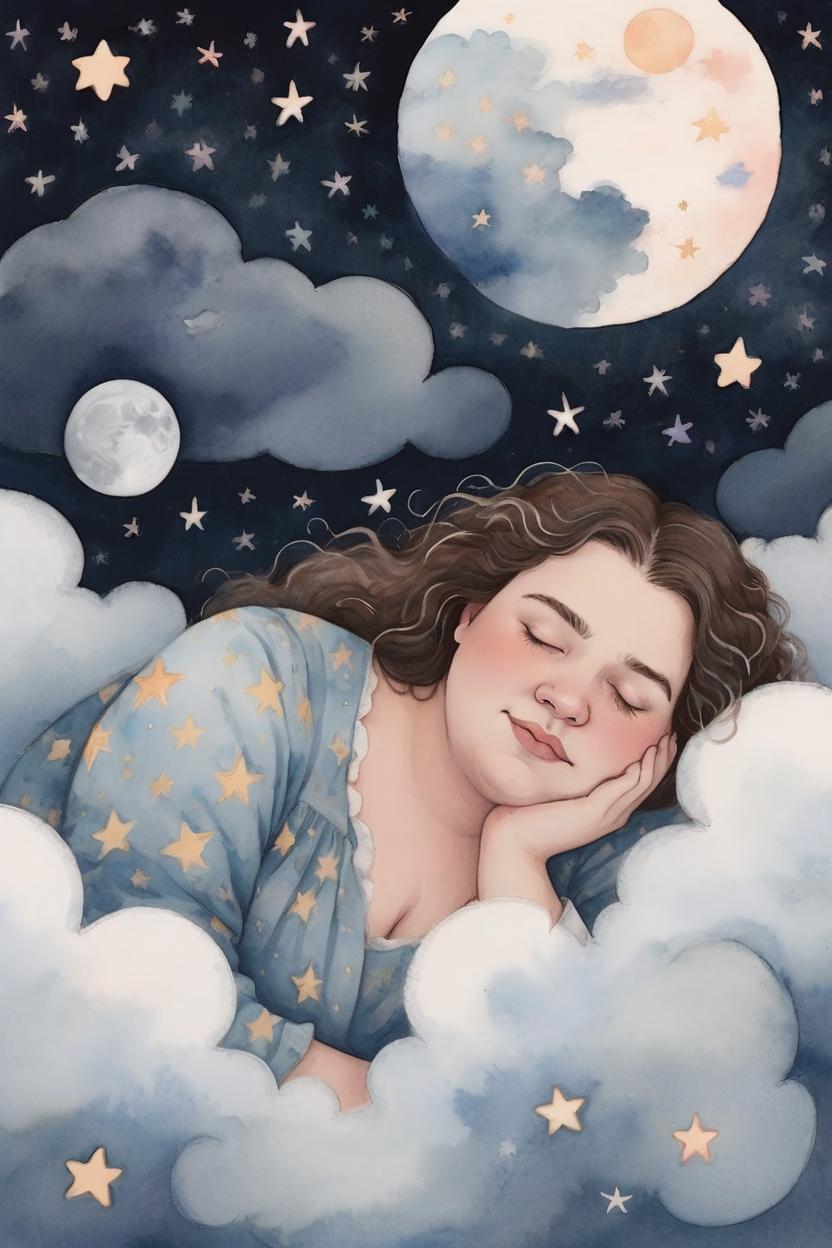 Artificial Intelligence (AI) generated image art, woman, sleeping on a cloud, from afar, slumberland, illustration, dreamy, peaceful, moon and stars, soft clouds, plus size, full body, dreamland