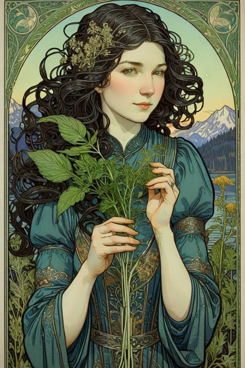 Artificial Intelligence (AI) generated image art, woman, portrait, artwork by Ivan Bilibin, Art Nouveau, tarot card, holding an herb