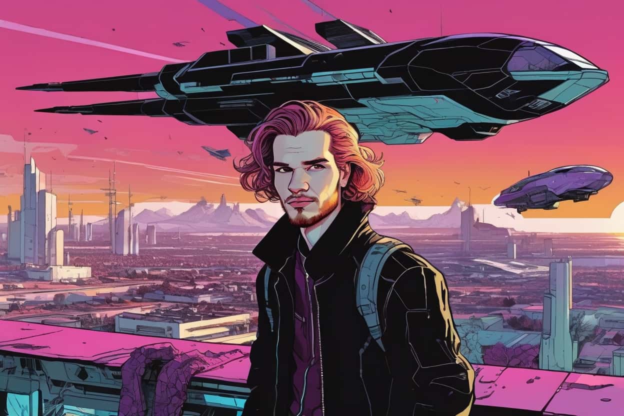Portrait sci-fi généré par IA d'un homme dans une ville futuriste avec des aéronefs, style bande dessinée.