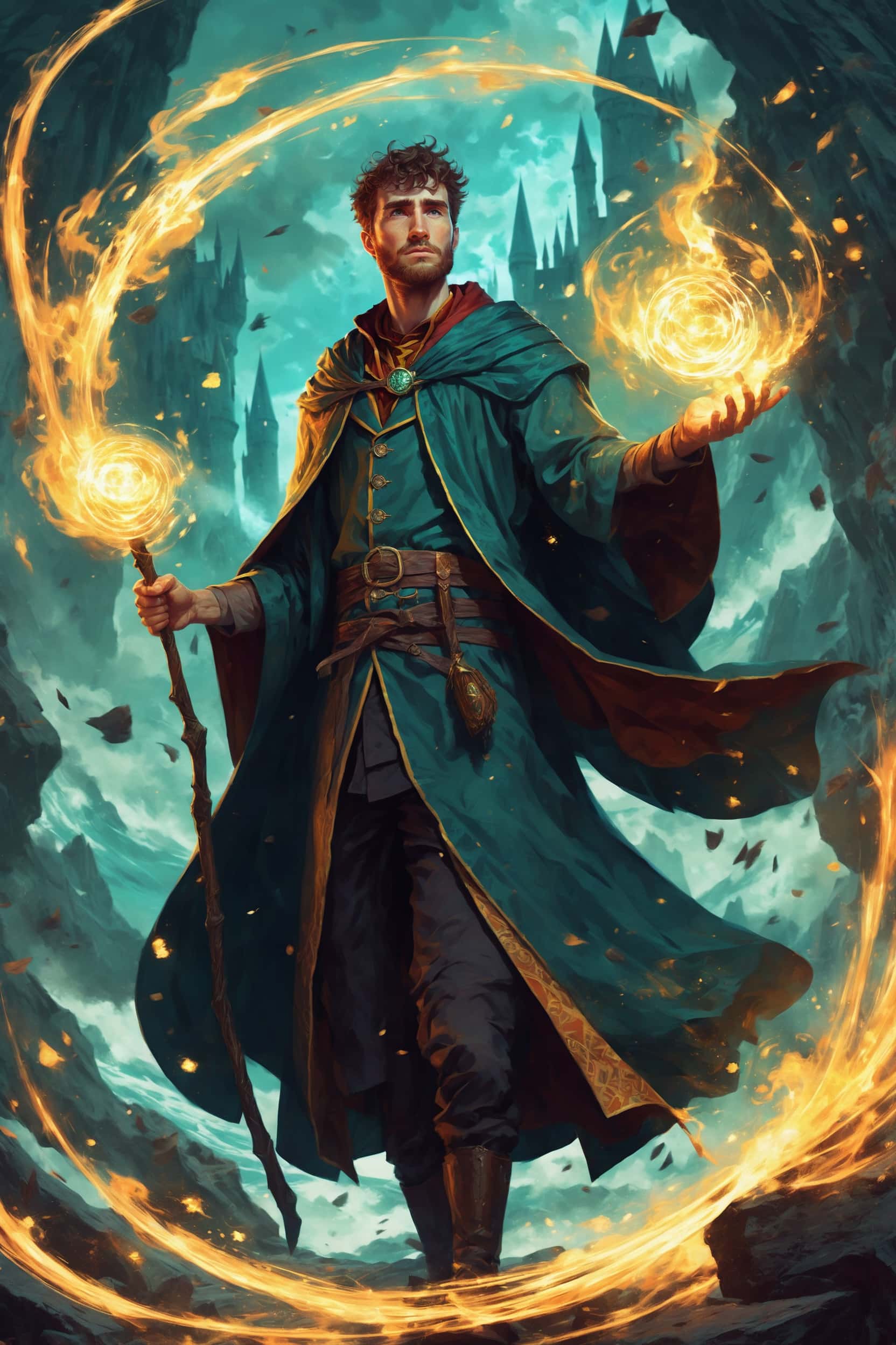 Portrait de sorcier généré par IA d'un homme conjurant la magie du feu dans une scène fantastique avec château.