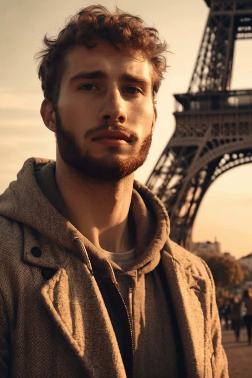 Photo stylisée d'un homme devant la Tour Eiffel à l'heure dorée, cliché artistique de voyage.