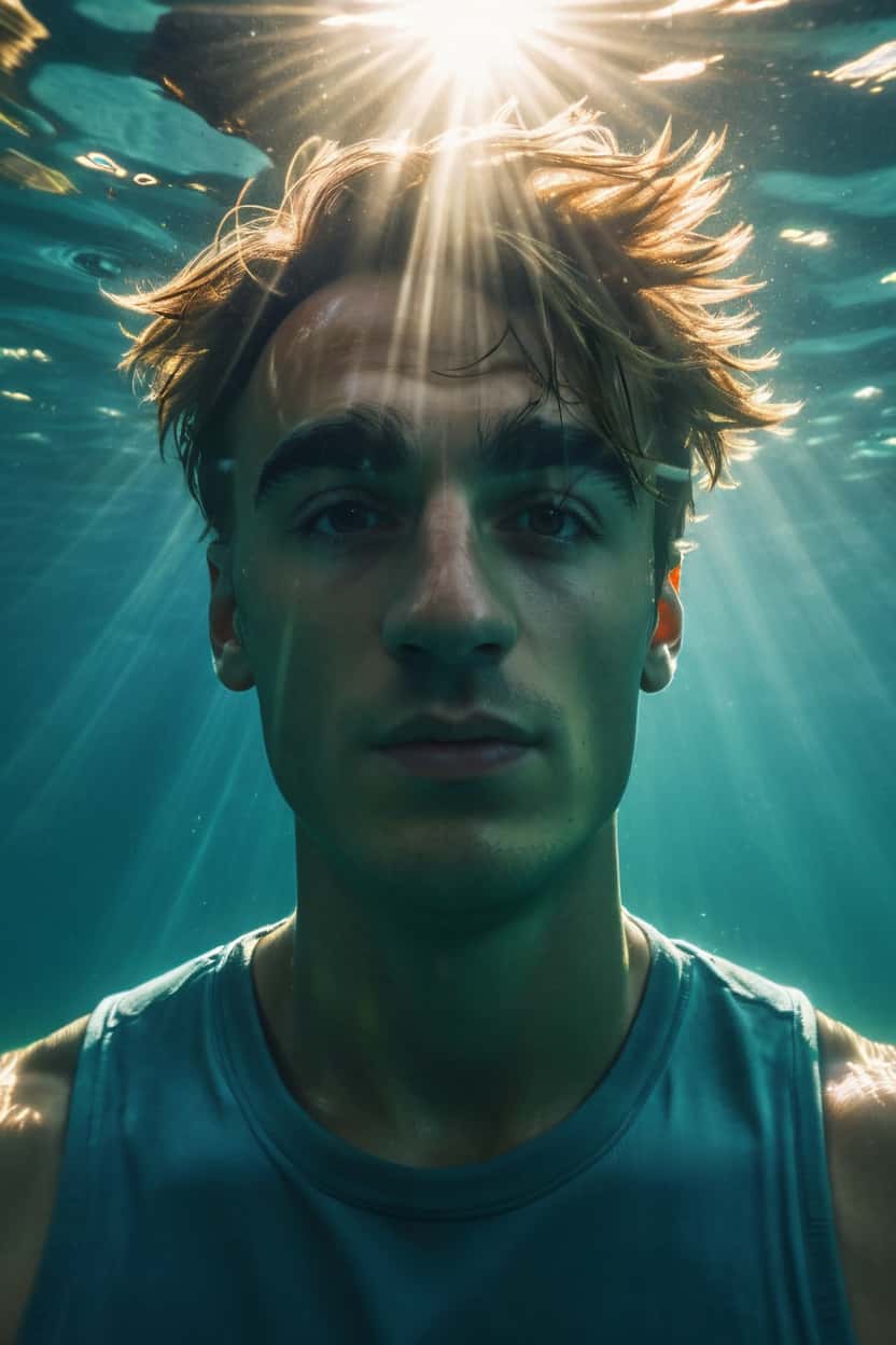 Portrait photoréaliste sous-marin d'un homme avec rayons de soleil, sans amélioration IA visible