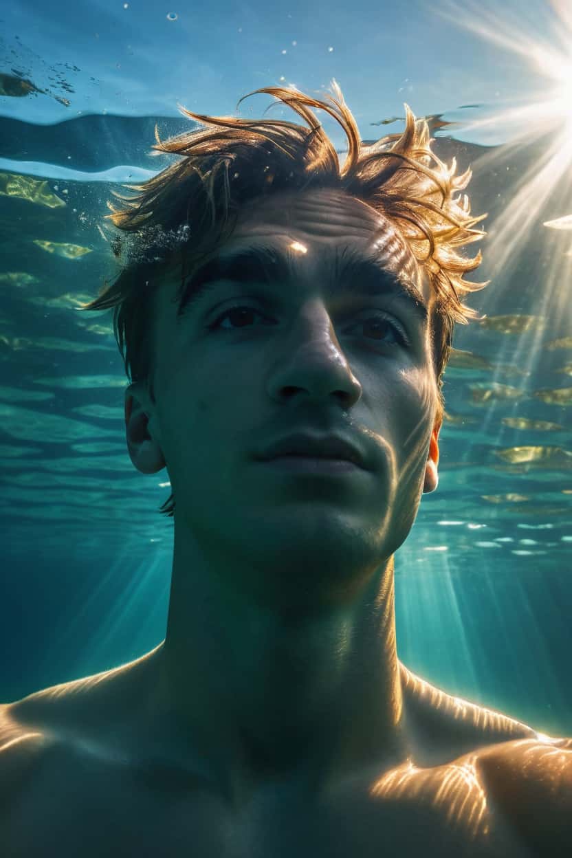 Photo sous-marine d'un homme avec éclairage cinématographique et la lumière du soleil filtrant à travers l'eau.