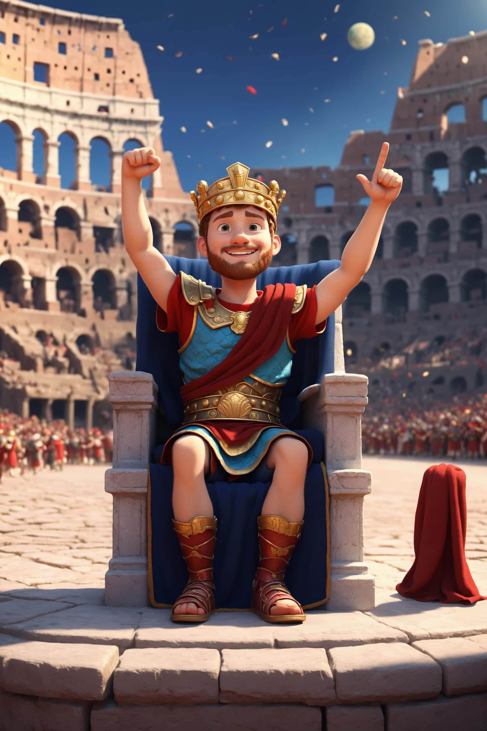 Roi de dessin animé acclamant dans un Colisée romain, œuvre d'art 3D animée vibrante.